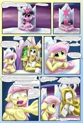 Size: 1178x1728 | Tagged: safe, artist:firefanatic, derpibooru import, fluttershy, twilight sparkle, twilight sparkle (alicorn), alicorn, pony, comic:friendship management, asgore dreemurr, chest fluff, comic, cup, dialogue, fluffy, frog (hoof), table, teacup, underhoof, undertale, what is hoo-man