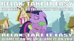 Size: 640x362 | Tagged: safe, derpibooru import, edit, edited screencap, editor:undeadponysoldier, screencap, spike, twilight sparkle, twilight sparkle (alicorn), alicorn, dragon, pony, castle sweet castle, caption, crying, eyes closed, female, house, hug, image macro, lyrics, male, mare, mika, ponyville, poor spike, relax take it easy, song reference, spikelove, text, tree