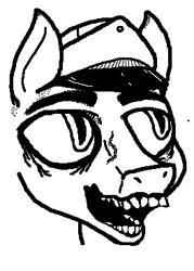 Size: 263x367 | Tagged: safe, artist:inkswell, derpibooru import, pony, bald, grayscale, happy, hat, monochrome, ms paint, scar, simple background, slit eyes, teeth, white background