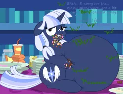 Size: 4628x3536 | Tagged: safe, artist:steampunk-brony, artist:zeldafan777, derpibooru import, edit, part of a set, oc, oc:silverlay, unofficial characters only, unicorn, series:bloated silvie collection, adorafatty, belly, big belly, bloated, burp, chubby, cute, eating, fat, female, floppy ears, gross, hiccups, huge belly, impossibly large belly, jar, junk food, large belly, mare, messy, messy eating, morbidly obese, obese, ocbetes, overeating, overweight, plate, silvabetes, silverlard, sitting, soda, squishy, squishy belly, stomach noise, stuffed, stuffed belly, text, that pony sure does love cakes, that pony sure does love eating, weight gain