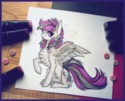 Size: 1437x1161 | Tagged: safe, artist:tenebristayga, derpibooru import, oc, unofficial characters only, pegasus, pony, chest fluff, female, mare, marker drawing, photo, raised hoof, simple background, sitting, smiling, solo, spread wings, traditional art, white background, wings