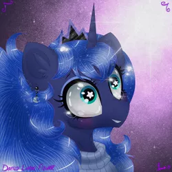 Size: 3000x3000 | Tagged: safe, artist:darkest-lunar-flower, derpibooru import, princess luna, alicorn, pony, blushing, clothes, crying, description at source, ear piercing, female, jewelry, mare, piercing, regalia, smiling, solo, starry eyes, sweater, tears of joy, wingding eyes