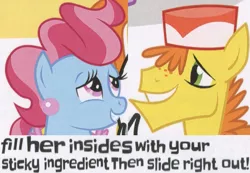 Size: 965x669 | Tagged: suggestive, derpibooru import, carrot cake, cup cake, earth pony, pony, caption, expand dong, exploitable meme, eye contact, female, good clean married sex, grin, hat, image macro, implied sex, innuendo, lidded eyes, looking at each other, male, mare, meme, sex, smiling, stallion, text