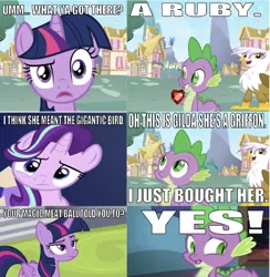 Size: 644x661 | Tagged: safe, derpibooru import, edit, edited screencap, editor:undeadponysoldier, screencap, gilda, spike, starlight glimmer, twilight sparkle, twilight sparkle (alicorn), alicorn, dragon, gryphon, unicorn, comic:spike bought a griffon, comic, confused, female, fire ruby, funny, gem, icarly, male, mare, ponyville, reference, ruby, screencap comic, wrong aspect ratio