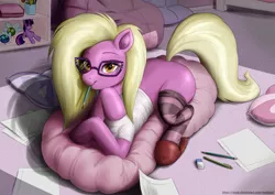 Size: 3507x2480 | Tagged: suggestive, artist:rambon7, derpibooru import, grace manewitz, twilight sparkle, earth pony, parasprite, pony, beanbag chair, clothes, female, glasses, mare, mouth hold, paper, pen, pencil, pillow, plushie, shirt, slippers, socks, solo, striped socks, t-shirt, wide hips