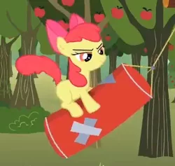 Size: 453x429 | Tagged: safe, derpibooru import, screencap, apple bloom, earth pony, pony, the super speedy cider squeezy 6000, apple, apple tree, cropped, determined, female, filly, foal, punching bag, solo, tree