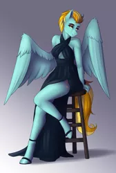 Size: 1976x2936 | Tagged: anthro, artist:fairdahlia, bare shoulders, breasts, clothes, commission, derpibooru import, dress, eyeshadow, female, halter, lidded eyes, lightning dust, makeup, mare, pegasus, safe, sexy, short mane, sitting, solo, stool, unguligrade anthro, wing fluff