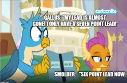 Size: 1232x804 | Tagged: safe, derpibooru import, edit, edited screencap, screencap, gallus, smolder, dragon, gryphon, derpibooru, student counsel, caption, dragoness, female, gallus is not amused, image macro, joke, meme, meta, smiling, smirk, text, unamused