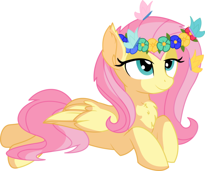 Size: 7038x5882 | Tagged: safe, artist:cyanlightning, derpibooru import, fluttershy, butterfly, pegasus, pony, .svg available, absurd resolution, canvas, chest fluff, cute, female, floral head wreath, flower, flower in hair, folded wings, mare, prone, shyabetes, simple background, sitting, solo, transparent background, vector, wings