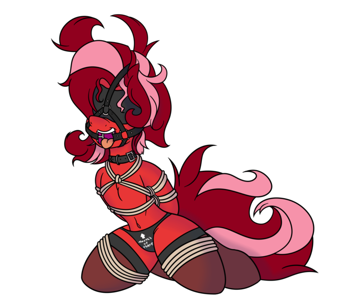 Size: 2169x1943 | Tagged: questionable, artist:joey, artist:k-kopp, derpibooru import, oc, oc:adena emberheart, unofficial characters only, pegasus, pony, arm behind back, black underwear, blindfold, bondage, box tied, clothes, collar, female, femsub, gag, harness gag, panties, ring gag, rope, rope bondage, shibari, simple background, socks, solo, solo female, stockings, submissive, thigh highs, thong, tongue out, transparent background, underwear