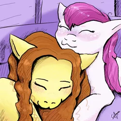 Size: 1000x1000 | Tagged: safe, artist:hippykat13, artist:silence, color edit, derpibooru import, edit, oc, oc:heartbeat, oc:michpone, pony, cat pose, collaboration, colored, couple, not adagio dazzle, oc x oc, shipping, sleeping, snuggling