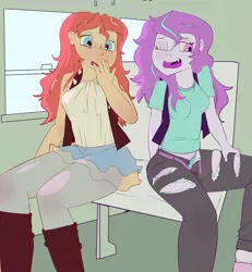 Size: 1715x1860 | Tagged: suggestive, artist:lawrence alpaca, derpibooru import, starlight glimmer, sunset shimmer, equestria girls, breasts, bus, clothes, desperation, fetish, freckles, jeans, need to pee, omorashi, panties, pants, pantyhose, peeing in pants, pissing, potty emergency, potty time, ripped pants, underwear, urine, wetting