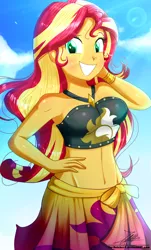 Size: 820x1360 | Tagged: safe, artist:the-butch-x, derpibooru import, part of a set, sunset shimmer, equestria girls, equestria girls series, forgotten friendship, adorasexy, bare shoulders, beautiful, belly button, bikini, bikini babe, blushing, breasts, busty sunset shimmer, clothes, cloud, crepuscular rays, cute, female, hand on hip, lens flare, midriff, sarong, sexy, shimmerbetes, sky, smiling, solo, summer sunset, swimsuit