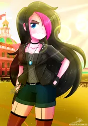 Size: 1020x1460 | Tagged: safe, artist:the-butch-x, derpibooru import, oc, oc:zoe star pink, unofficial characters only, equestria girls, badass, breasts, canterlot high, cleavage, clothes, equestria girls-ified, female, fingerless gloves, gift art, gloves, hair over one eye, hand on hip, jacket, shorts, signature, solo