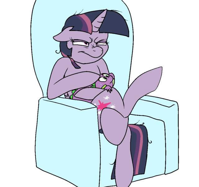 Size: 1000x938 | Tagged: safe, artist:bennimarru, derpibooru import, mean twilight sparkle, spike, the mean 6, blofeld, chair, clone, colored, crossed legs, ernst stavro blofeld, flat colors, image, petting, png, simple background, squint, transparent background