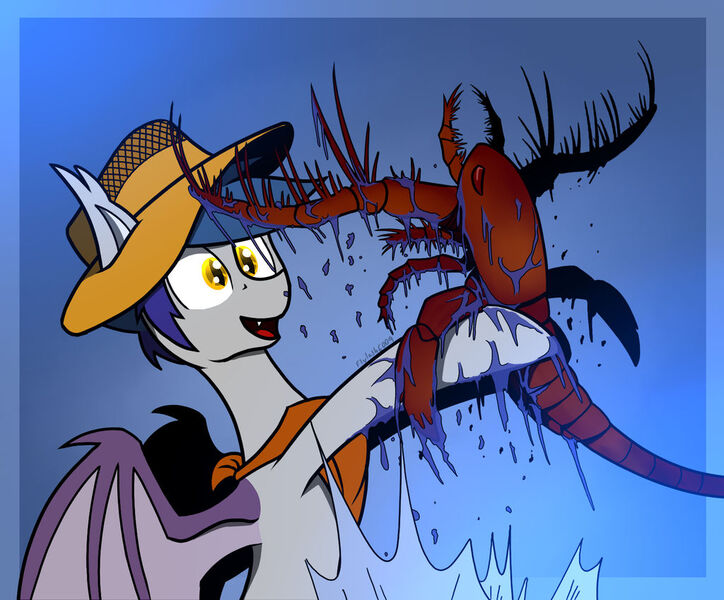 Size: 1024x849 | Tagged: safe, artist:flylash6009, derpibooru import, oc, oc:flylash, bat pony, pony, bat wings, fishing hat, megalograptus, sea scorpion, solo, wings