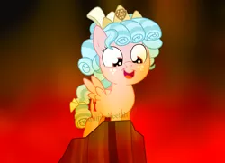 Size: 1936x1400 | Tagged: safe, artist:squipycheetah, derpibooru import, cozy glow, pegasus, pony, bow, cliff, cozy glow is best facemaker, cozybetes, crazy glow, crown, cute, evil, female, filly, fire, freckles, hair bow, happy, insanity, jewelry, looking down, pure concentrated unfiltered evil of the utmost potency, pure unfiltered evil, regalia, signature, smiling, solo, spread wings, watermark, wings