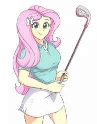 Size: 2477x3178 | Tagged: safe, artist:sumin6301, derpibooru import, fluttershy, equestria girls, clothes, female, golf, golf club, simple background, skirt, smiling, solo, sports, white background