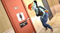 Size: 3840x2160 | Tagged: 3d, alternate timeline, anthro, apocalypse dash, artist:renaclock, breasts, busty rainbow dash, crystal war timeline, derpibooru import, desperation, erect nipples, female, high res, need to pee, nipple outline, omorashi, overweight, potty emergency, potty time, rainbow dash, solo, source filmmaker, suggestive