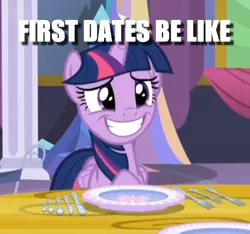 Size: 804x751 | Tagged: alicorn, caption, cropped, derpibooru import, dork, edit, edited screencap, fork, grin, image macro, knife, nervous, nervous grin, no second prances, plate, safe, screencap, smiling, solo, spoon, text, twilight's castle, twilight sparkle, twilight sparkle (alicorn)