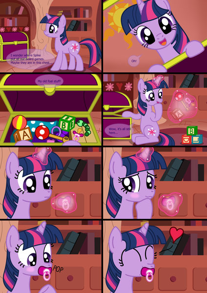 Size: 1350x1912 | Tagged: safe, artist:diaperdude, derpibooru import, twilight sparkle, pony, unicorn, comic:a foalish mind, abdl, adult foal, blocks, blushing, comic, curious, cute, female, floating heart, heart, levitation, magic, pacifier, rattle, telekinesis, twiabetes