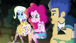 Size: 1280x720 | Tagged: safe, derpibooru import, screencap, flash sentry, pinkie pie, trixie, equestria girls, legend of everfree, camp everfree logo, camp everfree outfits, clothes, female, food, legs, male, marshmallow, shorts, socks