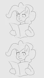 Size: 1327x2306 | Tagged: safe, artist:c0pter, derpibooru import, pinkie pie, pony, 2 panel comic, comic, grayscale, looking at you, monochrome, sketch, solo, what the fuck am i reading, wut face