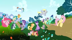 Size: 3840x2160 | Tagged: safe, derpibooru import, edit, edited screencap, editor:joeydr, screencap, apple bloom, applejack, bon bon, derpy hooves, fluttershy, gallus, lyra heartstrings, ocellus, octavia melody, pinkie pie, rainbow dash, rarity, sandbar, scootaloo, silverstream, smolder, spike, starlight glimmer, sweetie belle, sweetie drops, trixie, twilight sparkle, twilight sparkle (alicorn), vinyl scratch, yona, alicorn, changedling, changeling, classical hippogriff, dragon, earth pony, gryphon, hippogriff, pegasus, pony, unicorn, yak, applejack's hat, bow, bush, cloud, confused, cowboy hat, cutie mark crusaders, everypony, eye contact, eyes closed, female, filly, flower, flying, frown, glare, grin, happy, hat, headphones, high res, lidded eyes, looking at each other, looking back, male, mane seven, mane six, mare, open mouth, pose, prone, raised eyebrow, raised hoof, scroll, sitting, sleeping, smiling, smirk, spread wings, squee, stallion, student six, sunglasses, wall of tags, wide eyes, wings