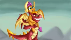 Size: 1280x720 | Tagged: artist:jbond, brother and sister, cute, derpibooru import, dragon, dragoness, dragon lands, dragons riding dragons, duo, duo male and female, female, garble, gardorable, male, riding, safe, siblings, smolder, smolderbetes, sweet and smoky, teenaged dragon, teenager