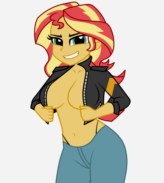 Size: 1700x1900 | Tagged: suggestive, artist:mashoart, derpibooru import, sunset shimmer, equestria girls, belly button, breasts, busty sunset shimmer, clothes, evil grin, female, flashing, grin, jacket, looking at you, open clothes, panties, pants, partial nudity, sexy, simple background, smiling, solo, solo female, stupid sexy sunset shimmer, thong, underwear, white background