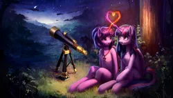 Size: 1600x906 | Tagged: safe, artist:l1nkoln, derpibooru import, twilight sparkle, twilight sparkle (alicorn), oc, alicorn, pony, semi-anthro, alicorn oc, canon x oc, combined magic, commission, crescent moon, female, heart, horn, jewelry, lesbian, magical heart, mare, moon, necklace, night, ponytail, scenery, shipping, sitting, smiling, star of david, stars, telescope, transparent moon, wings