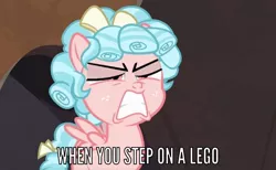 Size: 916x564 | Tagged: safe, derpibooru import, edit, edited screencap, screencap, cozy glow, pegasus, pony, frenemies (episode), caption, cozy glow is best facemaker, cozy glow is not amused, faic, female, filly, foal, image macro, lego, solo, stepping on a lego, text