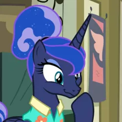 Size: 689x689 | Tagged: safe, derpibooru import, screencap, princess luna, alicorn, pony, between dark and dawn, alternate hairstyle, clothes, female, hair bun, shirt, that pony sure does love the post office, wavy mouth
