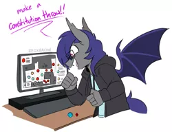 Size: 855x658 | Tagged: safe, artist:redxbacon, derpibooru import, oc, oc:dusk rhine, unofficial characters only, anthro, bat pony, anthro oc, clothes, computer, dice, dungeons and dragons, excited, glasses, hoodie, male, nerd, pen and paper rpg, rpg, solo, tabletop game