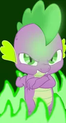 Size: 657x1216 | Tagged: angry, badass, crossed arms, derpibooru import, dragon, edgy, edit, editor:undeadponysoldier, fire, furious, green background, green fire, looking at you, male, my little pony: the movie, safe, simple background, solo, spike