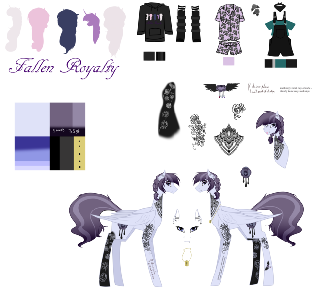 Size: 7086x6519 | Tagged: safe, artist:moonlight0shadow0, derpibooru import, inky rose, oc, oc:angsty emocore, oc:clausa vera, oc:misanthropy melody, oc:myringa, oc:soprano shadow, pegasus, pony, icey-verse, alternate hairstyle, bandana, boots, clothes, commission, dress, ear piercing, earring, fallen royalty, female, hoodie, jewelry, lip piercing, mare, necklace, overalls, pajamas, piercing, redesign, reference sheet, ring, shirt, shoes, simple background, socks, solo, striped socks, t-shirt, tattoo, transparent background, wedding dress