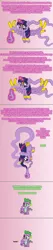 Size: 504x2372 | Tagged: safe, artist:verve, derpibooru import, spike, twilight sparkle, twilight sparkle (alicorn), alicorn, dragon, genie, genie pony, pony, ask, bottle, comic, female, gradient background, levitation, magic, male, mare, one eye closed, pixel art, scar, smiling, telekinesis, tumblr, wink