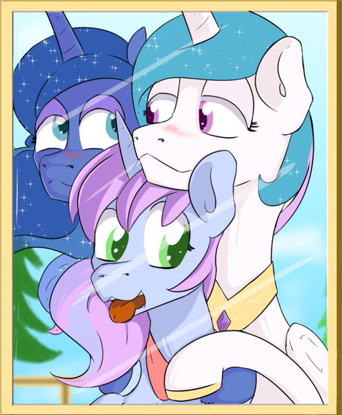 Size: 710x862 | Tagged: safe, artist:soccy, derpibooru import, princess celestia, princess luna, oc, oc:twinkle, pony, blushing, family photo, female, incest, lesbian, looking at each other, magical lesbian spawn, offspring, parent:princess celestia, parent:princess luna, parents:princest, picture frame, princest, product of incest, shipping, tongue out