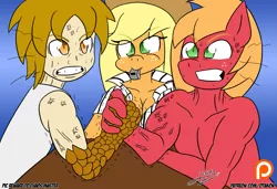 Size: 1791x1227 | Tagged: safe, artist:otakon, derpibooru import, applejack, big macintosh, oc, anthro, earth pony, human, arm wrestling, clothes, crossover, cross-popping veins, muscles, partial nudity, patreon, patreon logo, referee, topless