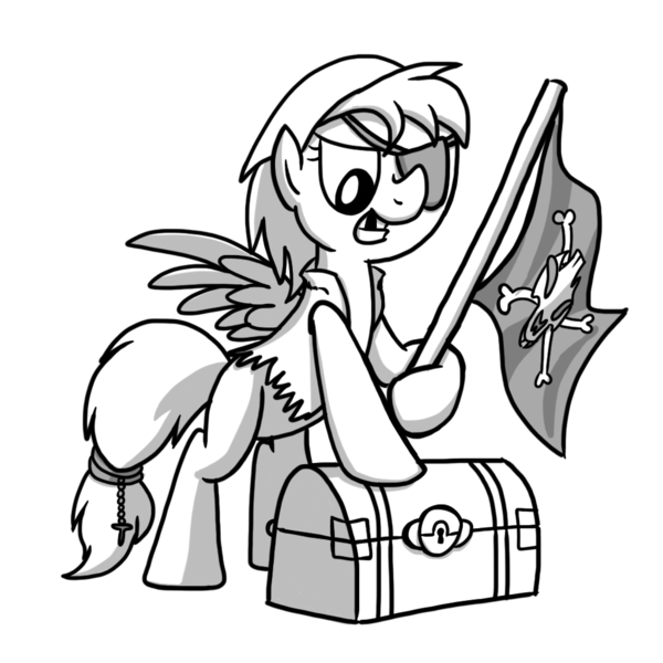 Size: 1024x1024 | Tagged: safe, derpibooru import, oc, pegasus, pony, buck legacy, black and white, card art, clothes, eyepatch, fantasy class, flag, grayscale, hat, monochrome, pirate, simple background, skull and crossbones, solo, transparent background, treasure chest, vest