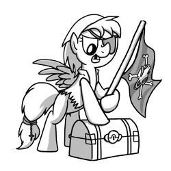 Size: 1024x1024 | Tagged: safe, derpibooru import, oc, pegasus, pony, buck legacy, black and white, card art, clothes, eyepatch, fantasy class, flag, grayscale, hat, monochrome, pirate, simple background, skull and crossbones, solo, transparent background, treasure chest, vest