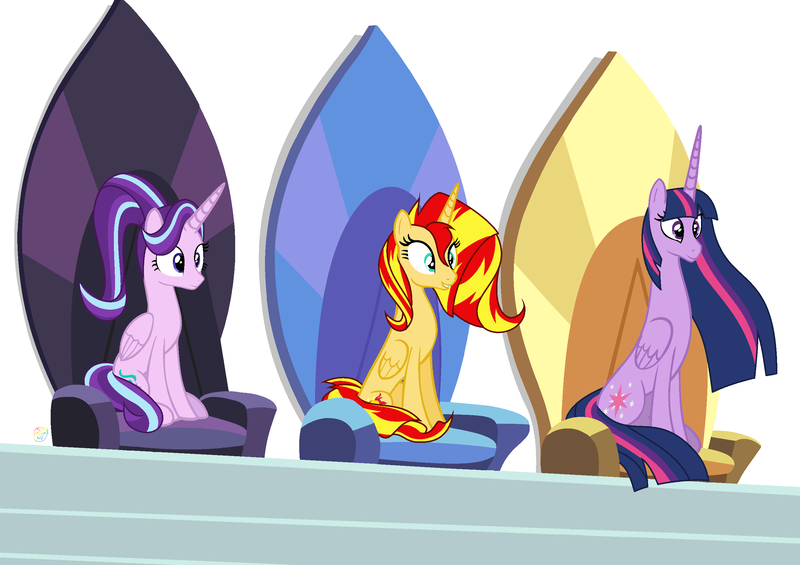 Size: 2684x1896 | Tagged: safe, artist:amelia-bases, artist:dippygamer64, derpibooru import, starlight glimmer, sunset shimmer, twilight sparkle, twilight sparkle (alicorn), alicorn, pony, alicorn thrones, alicornified, alternate hairstyle, base used, chair, counterparts, ethereal mane, female, hilarious in hindsight, long mane, mare, older, older starlight glimmer, older sunset, older twilight, ponytail, race swap, shimmercorn, sitting, smiling, starlicorn, throne, twilight's counterparts, ultimate twilight, xk-class end-of-the-world scenario