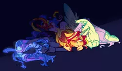 Size: 1488x871 | Tagged: safe, artist:eqq_scremble, derpibooru import, fluttershy, princess luna, sunset shimmer, alicorn, pegasus, pony, alicornified, alternate design, cloven hooves, cuddling, female, lesbian, lunashimmer, lunashy, moonshyne, ot3, polyamory, race swap, shimmercorn, shipping, sunshyne, tired