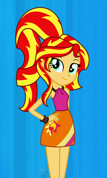 Size: 648x1076 | Tagged: safe, artist:dippygamer64, artist:obriannakenobi, derpibooru import, sunset shimmer, equestria girls, base used, blue background, bracelet, clothes, cute, dress, female, hands on hip, high ponytail, jewelry, ponytail, pretty, shimmerbetes, simple background, smiling, solo