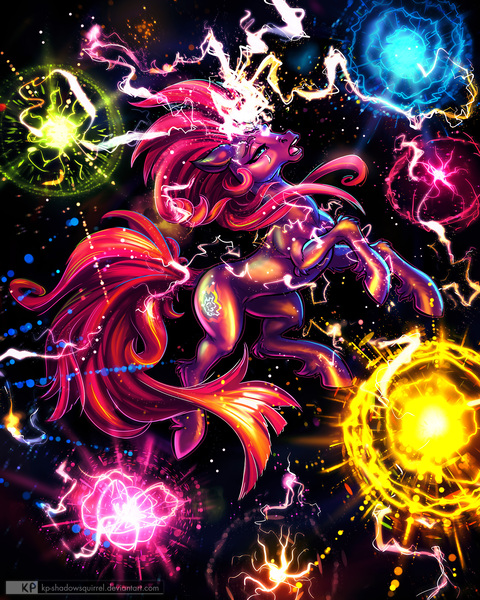 Size: 1600x2000 | Tagged: safe, artist:kp-shadowsquirrel, derpibooru import, fizzlepop berrytwist, tempest shadow, pony, unicorn, abstract background, eye scar, fizzlepop's fireworks, scar, signature, solo