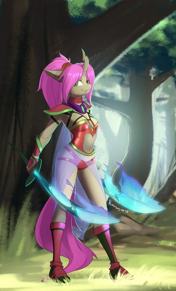 Size: 2483x4096 | Tagged: anthro, anthro oc, armpits, artist:rublegun, changeling, changeling oc, cutlass, derpibooru import, dual wield, fangs, female, flaming sword, midriff, oc, oc:violet nebula, outdoors, purple changeling, safe, skimpy, solo, sword, unofficial characters only, weapon