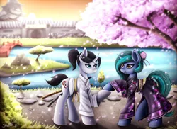 Size: 1024x747 | Tagged: safe, artist:hoodiefoxy, derpibooru import, oc, oc:moonlight sonata, oc:shiro reisu, unofficial characters only, pony, unicorn, armor, cherry blossoms, clothes, flower, flower blossom, japanese, katana, kimono (clothing), samurai, scenery, sword, water, weapon