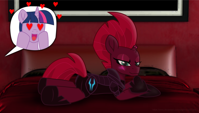 Size: 7500x4256 | Tagged: safe, artist:ejlightning007arts, derpibooru import, tempest shadow, twilight sparkle, pony, unicorn, armor, bed, bedroom, blushing, butt, female, heart, heart eyes, lesbian, lying down, mare, plot, red room, shipping, solo focus, tempestlight, wingding eyes