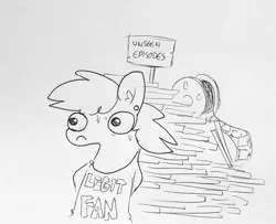 Size: 1363x1105 | Tagged: safe, artist:tjpones, derpibooru import, oc, oc:tjpones, unofficial characters only, earth pony, pony, description is relevant, ear fluff, ear piercing, film reel, grayscale, lineart, male, monochrome, piercing, simple background, solo, stallion, sweat, traditional art