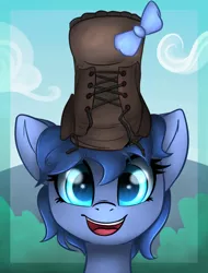Size: 608x801 | Tagged: safe, artist:duop-qoub, artist:wenni, derpibooru import, oc, oc:whinny, unofficial characters only, pony, boot, bow, bust, cloud, collaboration, cute, female, floppy ears, hair bow, happy, looking at you, mare, shoe on head, sky, smiling, solo